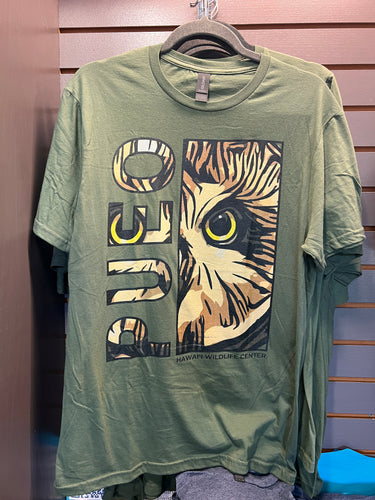 Pueo Unisex T-Shirt in color Green.  Standard unisex tee. 100% cotton. PUEO design is printed on the front